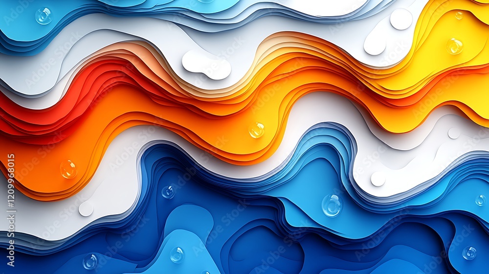 Poster abstract layered paper waves: vibrant blue, orange, and red paper layers create a dynamic, flowing w