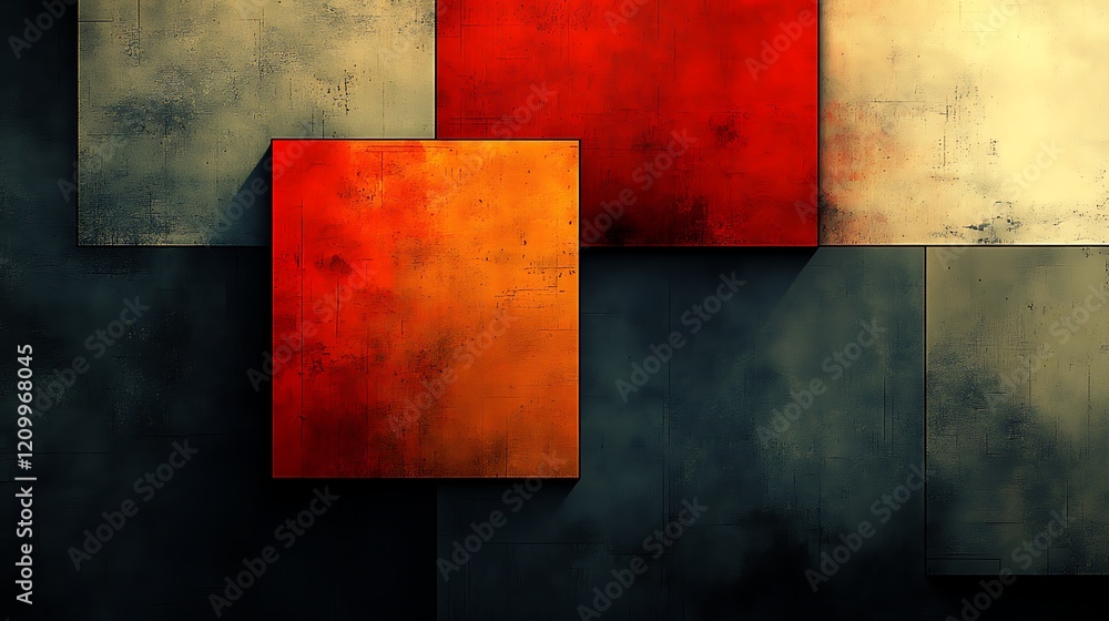 Poster abstract square art: a captivating abstract composition of squares in varying hues of red, orange, a