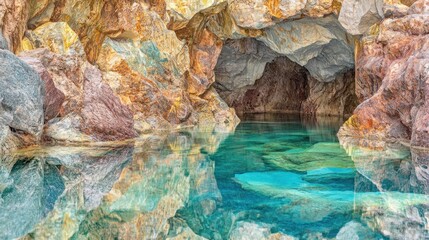 Colorful quarry cave pool reflects sunset; tranquil nature scene