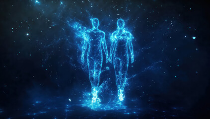 Fototapeta premium Two glowing figures walking in a dark digital world