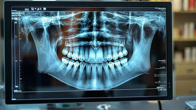 Dental Panoramic X-Ray on Monitor: A detailed panoramic x-ray of a full set of teeth displayed on a computer monitor in a dental office setting.  The image provides a clear view of the teeth.
