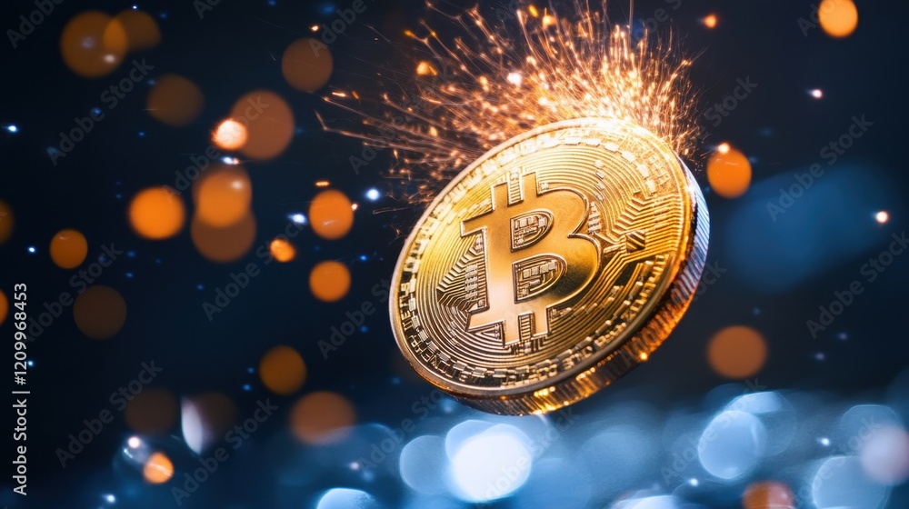 Poster bitcoin appears to explode with electric sparks against a blurred background of colorful lights, cre