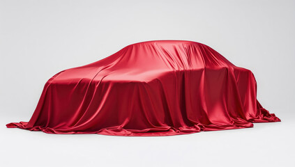 Presentation of new car covered with red cloth