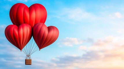 Fototapeta premium Romantic Hot Air Balloon Ride with Heart-Shaped Balloons in Sky