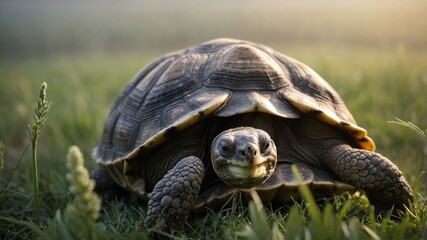 Obraz premium A close-up of a tortoise on grass during golden hour, showcasing its features and environment.
