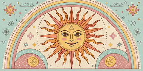 Esoteric Vintage Illustration of a Smiling Sun with Mystical Elements
