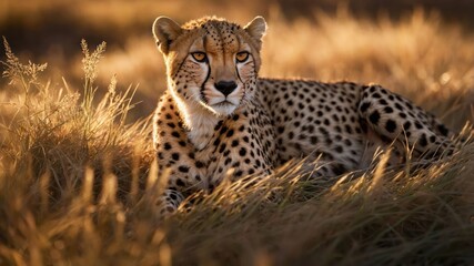 A cheetah resting in golden grass during sunset, showcasing its elegance and beauty.