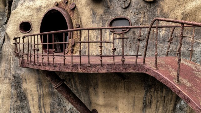 Rusty bridge leading to cave house, fantasy setting, architectural detail