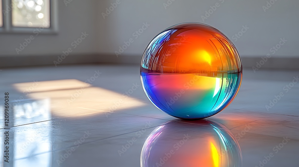 Poster chromatic orb: a vibrant, iridescent sphere rests on a polished floor, reflecting a spectrum of colo