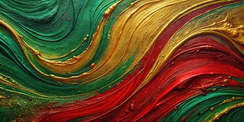 Abstract Swirling Texture of Red, Green, and Gold Paint