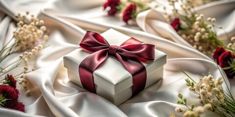 Elegant white gift box with a deep burgundy ribbon resting on luxurious satin fabric, adorned with delicate wildflowers.