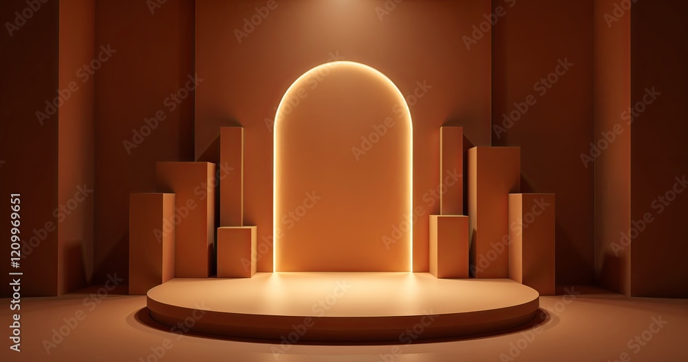 Poster minimalist product display background featuring a curved stage and geometric shapes with a warm oran