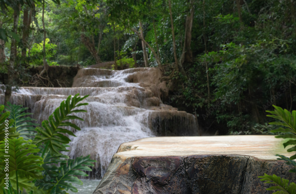 Wall mural wood stump table top podium with outdoor waterfall tropical forest nature background landscape.Natural water mineral product present placement pedestal wooden stand display.jungle paradise concept.