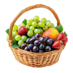 a wicker basket filled with various fruits. including green and black grapes. strawberries. and a mango. showcasing a vibrant and healthy assortment freshness and the appeal of natural foods. suitable