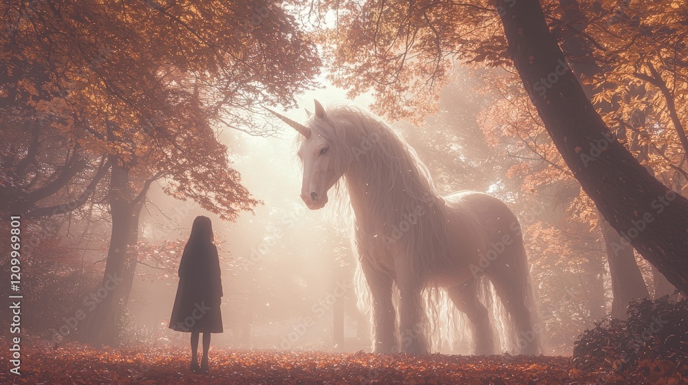 Poster enigmatic giant white unicorn emerging from a misty forest setting with mystical atmosphere and ethe