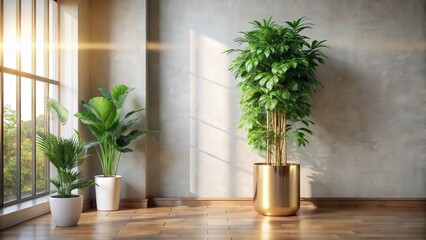 Sunlit Room Interior Featuring Three Lush Potted Plants on Hardwood Floor Against Textured Wall