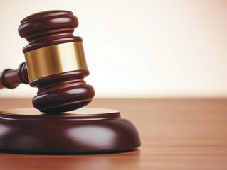 A close-up of a classic wooden gavel resting on a polished wooden surface, symbolizing justice and legal authority.