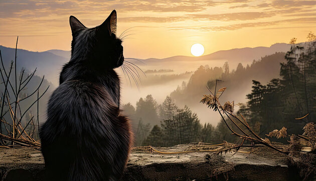 chat noir  de dos assis et contemplant le paysage