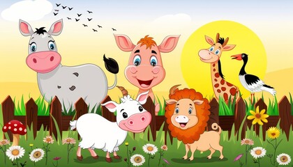 Fototapeta premium A donkey, pig, giraffe, goose, goat and lion standing in a field near a wooden fence with a red mushroom, flowers and birds flying in the sky.