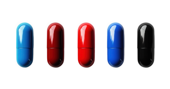 five capsules arranged in a row. showcasing a variety of colors including blue. red. and black these capsules suggest a focus on health or medication. possibly indicating different types of supplement