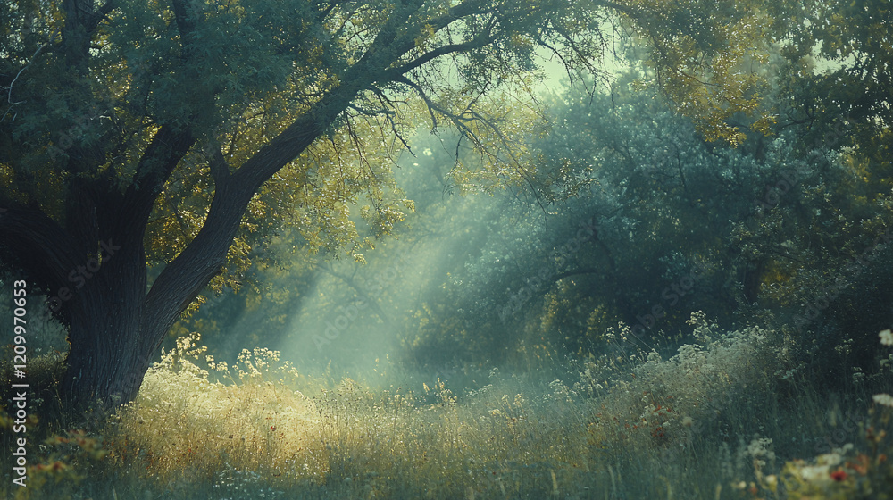 Aufkleber tree in an open field with sunlight filtering through the leaves and branches