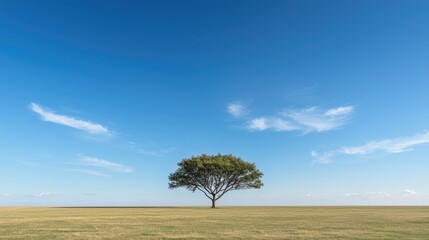 Fototapeta premium A solitary green tree stands in the center of a vast grassy field under a bright blue sky with wispy clouds.