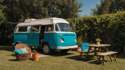Vintage blue camper van parked in a green garden during a sunny day