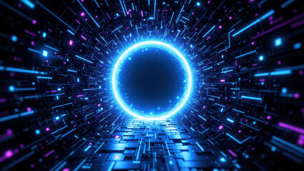 Vivid AI technology tunnel with neon lights and digital patterns.