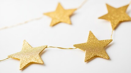Close-up of golden star garland strung across soft white background, glowing and festive, subtle shadows, holiday and celebration decor, minimalist yet elegant design
