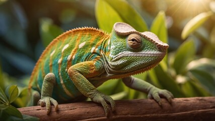 Obraz premium A vibrant chameleon perched on a branch among lush green foliage.