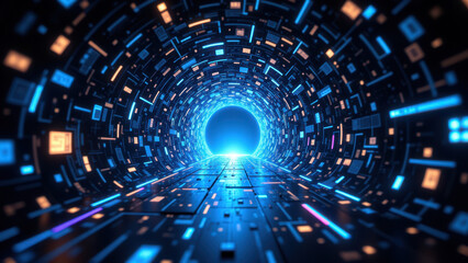 Fototapeta premium Futuristic tunnel with vibrant blue lights and digital display, representing AI technology.