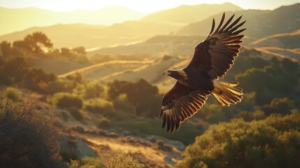 Fototapeta premium A majestic eagle glides effortlessly across a breathtaking golden landscape as the sun sets, its massive wings spread wide against the picturesque rolling hills