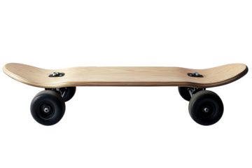 a minimalist skateboard with a smooth wooden deck and large black wheels. emphasizing its sleek design and functionality for recreational use