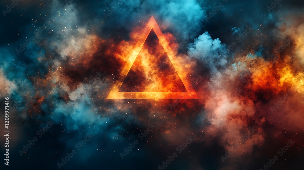 Poster fiery triangle in smoke: a fiery triangle shape glows intensely within a swirling vortex of vibrant 