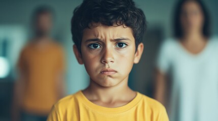 Fototapeta premium An upset child with curly hair looks serious as concerned parents stand in the background, creating a tense atmosphere in a dimly lit room