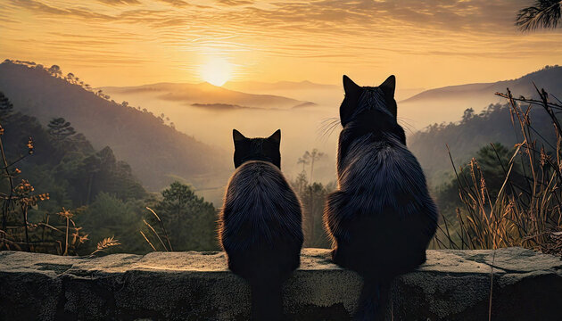 chat noir  de dos assis et contemplant le paysage