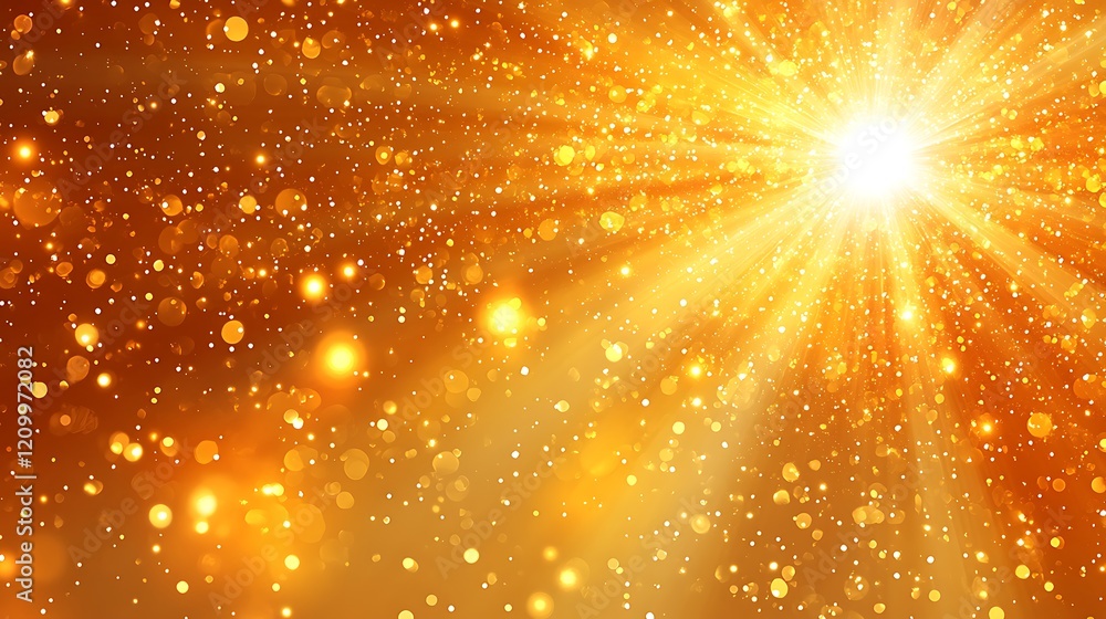 Poster golden radiance: abstract burst of golden light, sparkling particles and bokeh create a radiant, cel