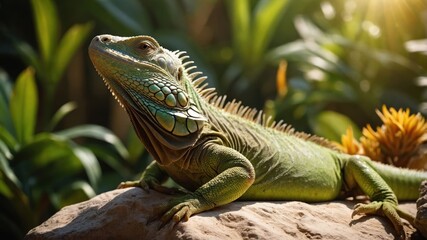 Fototapeta premium A vibrant green lizard basking on a rock amidst lush foliage.
