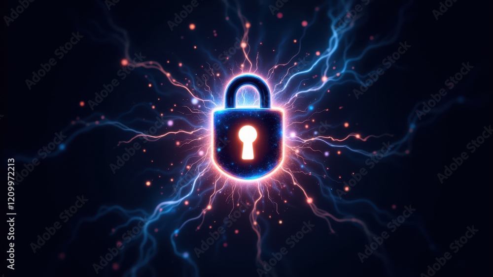 Poster the image features an animated 3d rendering of a futuristic lock with glowing blue details and elect