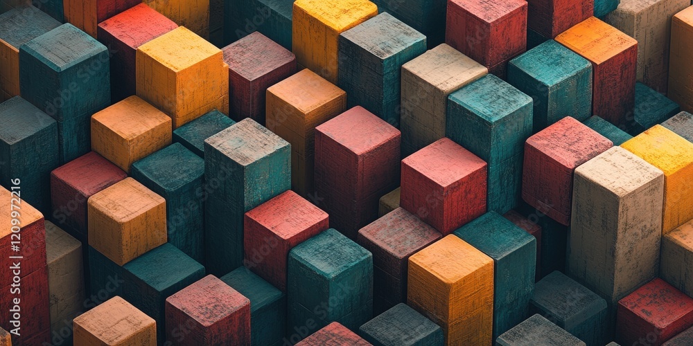Poster colorful isometric pattern of geometric shapes with 3d blocks in vibrant hues for artistic and creat