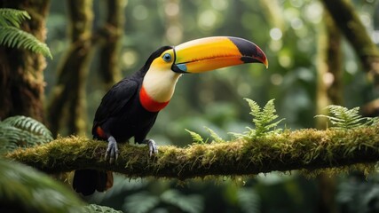 A colorful toucan perched on a mossy branch in a lush, green rainforest setting.
