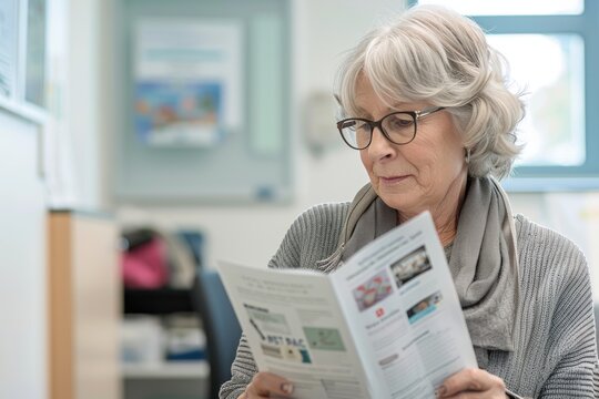 elderly woman wearing glasses, reading a brochure
