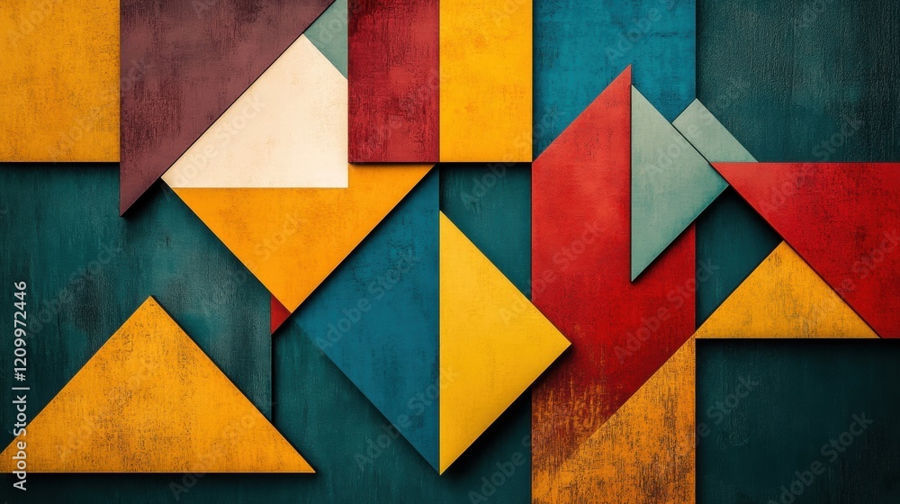 Poster geometric shapes in vivid colors are arranged artistically on a textured surface, creating a strikin