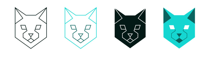 Polygon cat head icon set. Low poly kitty face. Line or solid logo design for web, app or branding. Minimalistic symbol. Modern illustration. Polygonal pet. Geometric art style. Editable vector stroke