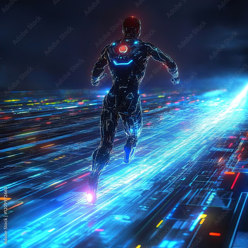 Poster futuristic robot running through digital data streams