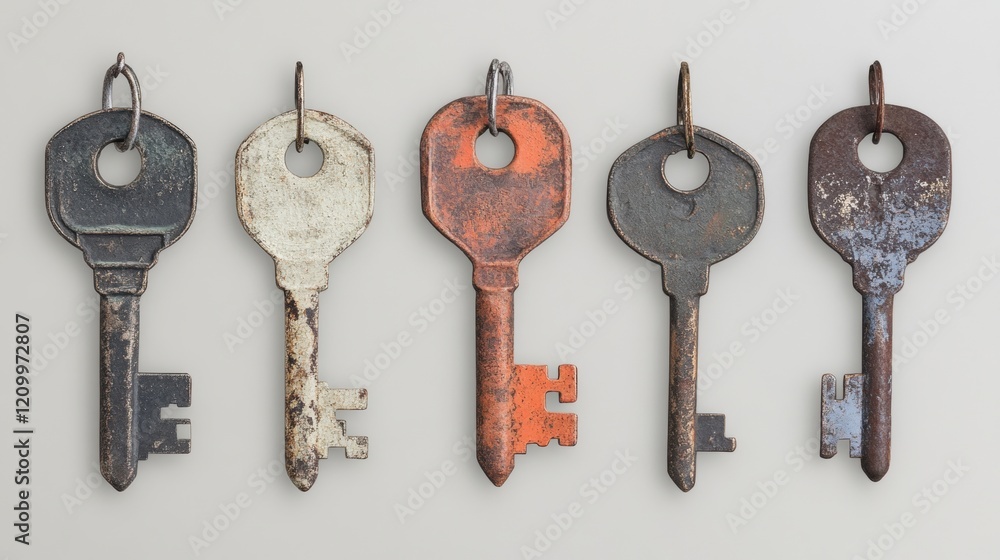 Poster vintage keys with chains dangle in a rustic arrangement, emphasizing their unique details and aged p