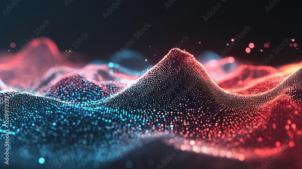 Poster this visual depicts a captivating digital grid filled with glowing particles, forming undulating sha