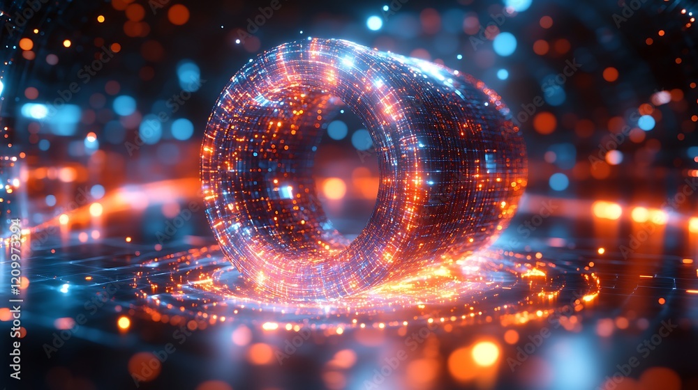 Poster celestial ring of light: a mesmerizing 3d rendering of a luminous ring, composed of vibrant orange a