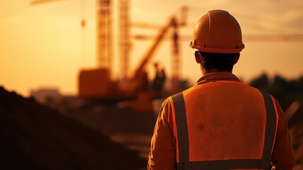 Construction worker overseeing project site at sunset while wearing safety gear and hard hat, highlighting diligence and professionalism in construction industry
