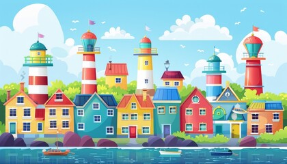Naklejka premium A colorful cartoon illustration of a seaside town with multiple lighthouses, houses, and boats in the foreground.